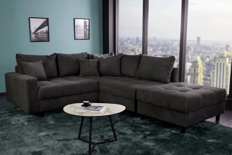 riess-ambiente Ecksofa KENT 220cm dunkelgrau - Cord, L-Form, Federkern, Hocker & Kissen, FSC, Set 2 Teile, Wohnlandschaft in Familiengröße - ideales Design fürs Wohnzimmer, Grau, – Produktbild 4 von 5