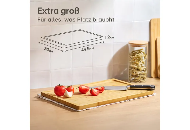 Praknu Schneidebrett Schneidebrett aus Holz Groß XXL - Mit Saftrille - Beidseitig, Bambus, (Schneidebrett mit Saftrille, 1-St., 1 Schneidebrett aus Bambusholz), Beidseitig nutzbar mit Saftrille - FSC®-zertifiziert - robust, Braun, – Produktbild 2 von 5