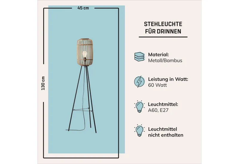 Lightbox Stehlampe, ohne Leuchtmittel, dekorative Dreibein-Lampe - Stehleuchte Nature-Style mit Fußschalter, Braun, – Produktbild 3 von 5