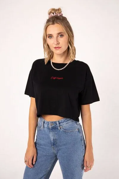 Coffee Fashion Coffee Fashion Caffé doppio Besticktes Bio Baumwoll Crop Top, Schwarz, – Produktbild 4 von 4