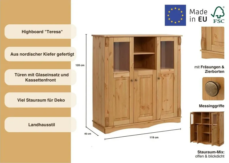 OTTO home Highboard Teresa (Maße (B/T/H): 119/40/120 cm), Vitrine, Türen mit Glaseinsätzen, aus massiver Kiefer, FSC®, Beige, – Produktbild 3 von 4