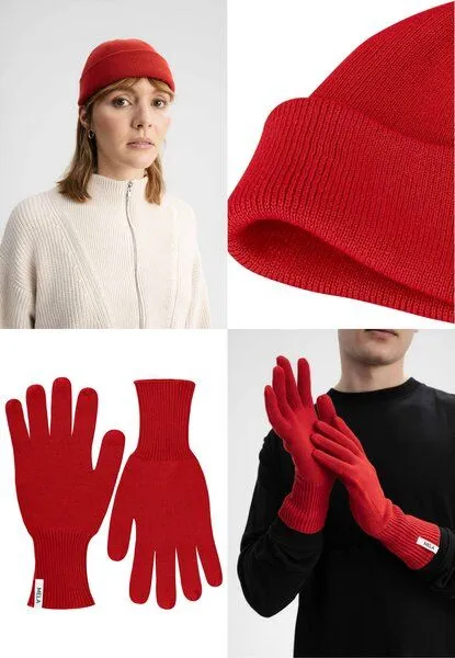 MELA MELA Bundle Feinstrick Mütze kurz LESH + Strick Handschuhe RISHI, Granatapfel, – Produktbild 1 von 5