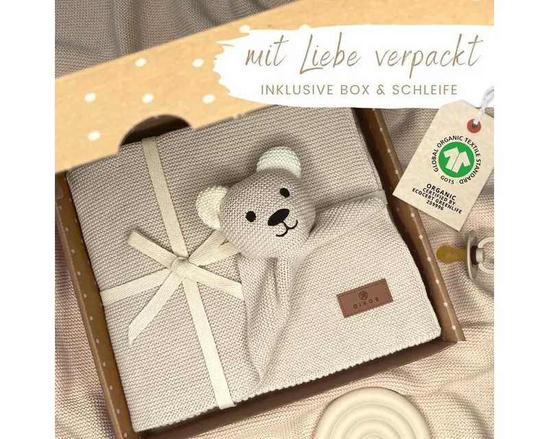 Babydecke DIKOS® Babydecke SCHMUSE-Bär Baby Geschenk Mädchen Junge Geschenkset, DIKOS, Geschenk zur Geburt, PREMIUM Qualität, 100 % BIO Baumwolle, Beige, – Produktbild 2 von 5