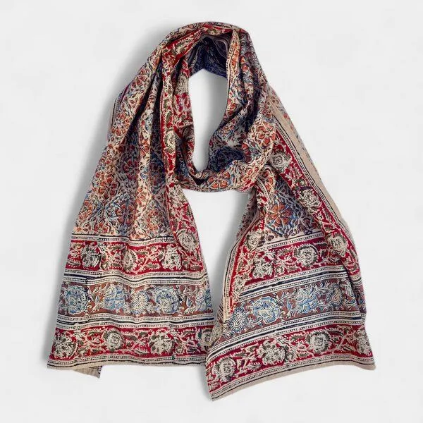 Der Lindwurm Der Lindwurm Kalamkari- Schal , Handdruck mit Pflanzenfarben, Rot/blau, – Produktbild 1 von 2