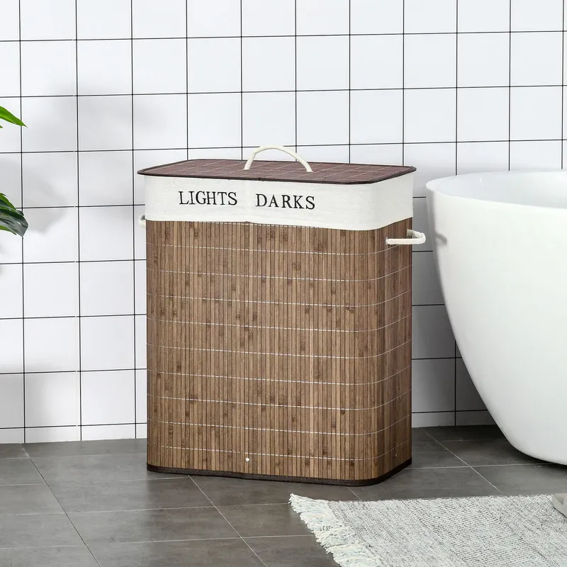 HOMCOM HOMCOM Wäschebox Wäschekorb abnehmbar mit 3 Griffe Polyester Metall Braun+Weiß – Produktbild 1 von 1