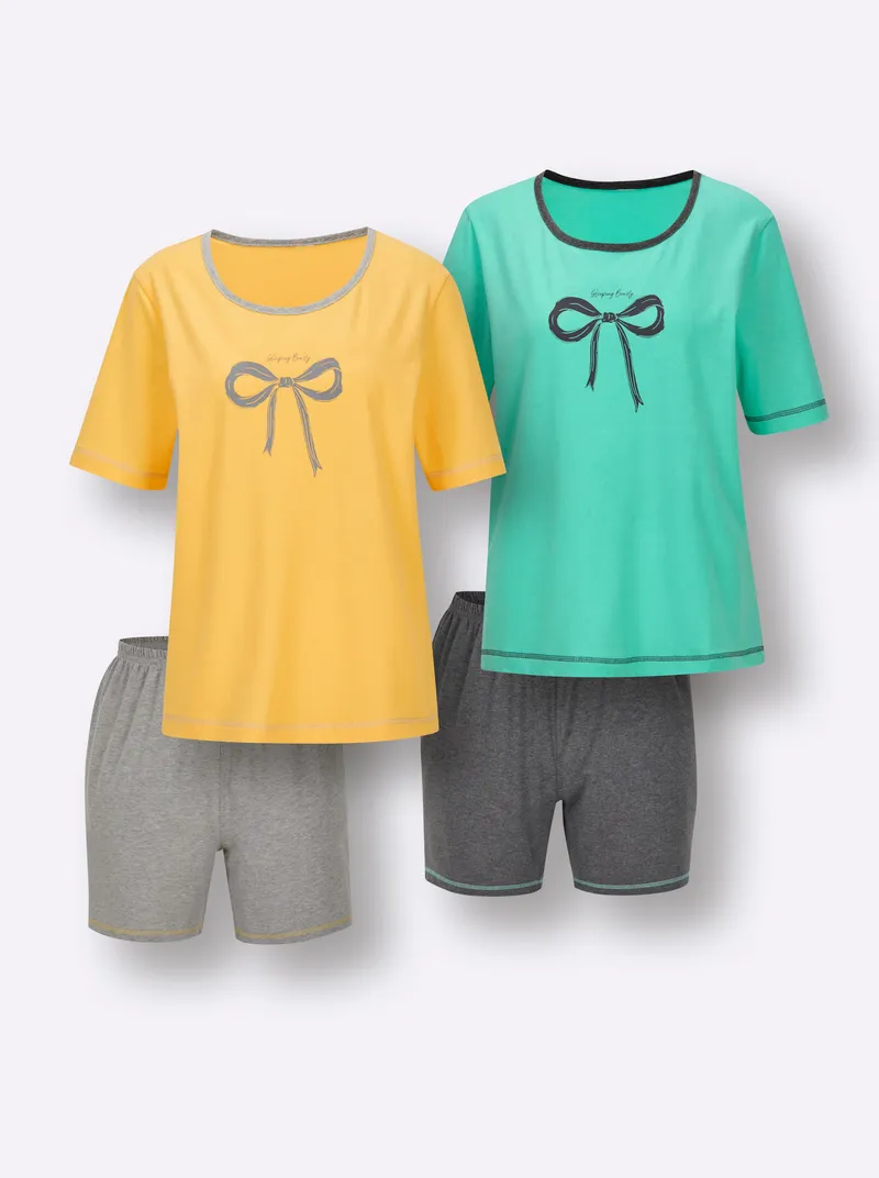 wäschepur wäschepur Shorty + Schlafanzug grau-meliert-gelb + anthrazit-meliert-blaugrün, Grau-meliert-gelb + anthrazit-meliert-blaugrün, – Produktbild 1 von 2