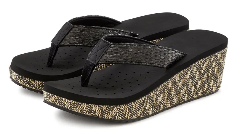 VENICE BEACH VENICE BEACH Sandale, Badeschuh, Sommerschuhe, Badelatsche, Flip Flop, Badeschlappe Badezehentrenner Zehentrenner mit geschmücktem Keilabsatz VEGAN, Schwarz, – Produktbild 2 von 5