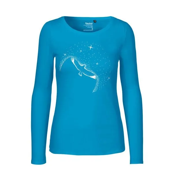 HANDGEDRUCKT HANDGEDRUCKT "Sternstunde" Frauen Longsleeve aus reiner Biobaumwolle (kbA), Saphire, – Produktbild 1 von 3