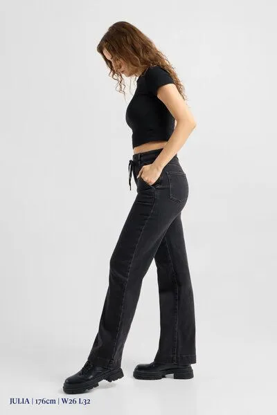DAWN Damen Jeans DEW Flared High Waist French Pocket DAWN Bio-Baumwolle, Black denim, – Produktbild 5 von 6