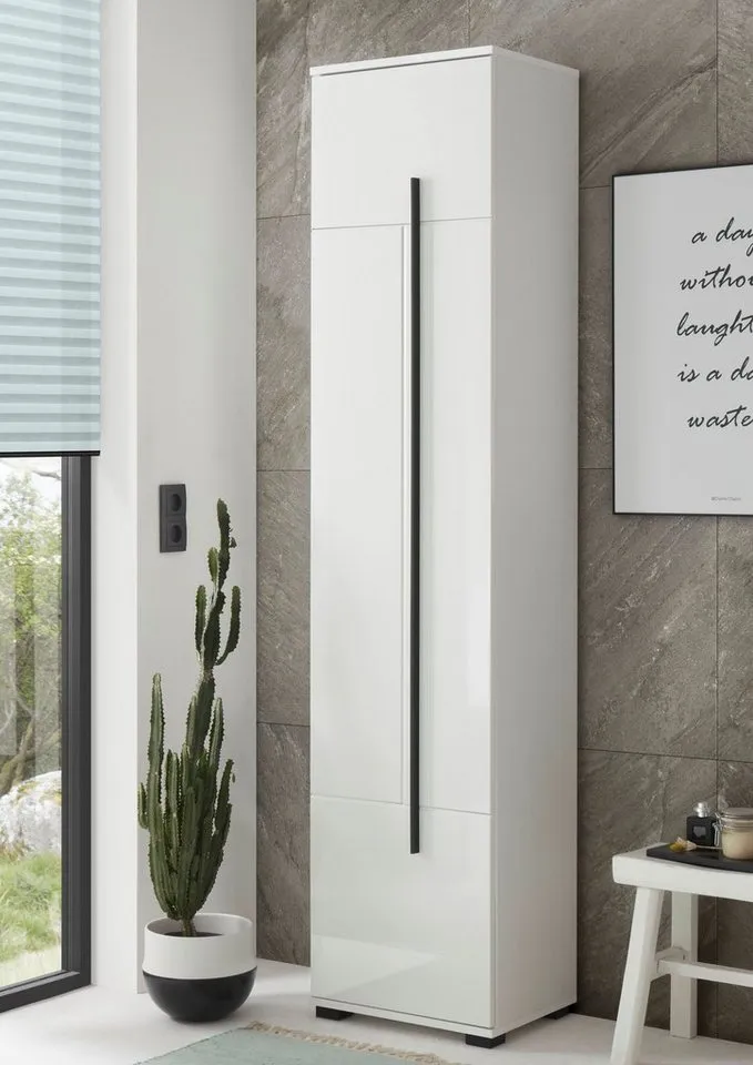 Home affaire Hochschrank Cantara, Badschrank in Hochglanz Weiß, Hochschrank im modernen Design mit schwarzen Griffen, ausreichend Stauraum, Weiß, – Produktbild 6 von 8