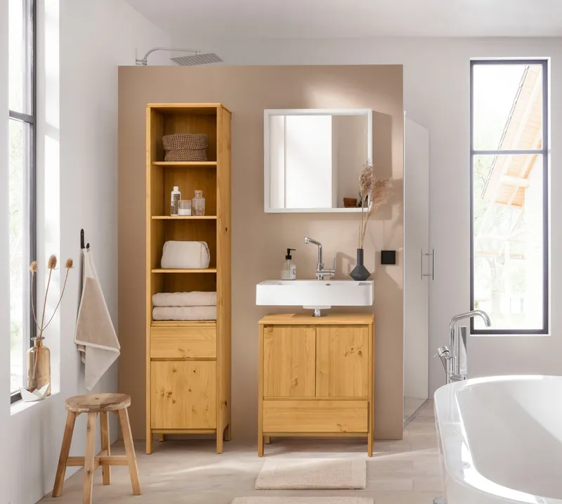 OTTO products Waschbeckenunterschrank Jorrick Breite 60 cm, Kiefer mit Bio Öl/Wachs behandelt, Siphonausschnitt, Beige, – Produktbild 3 von 8