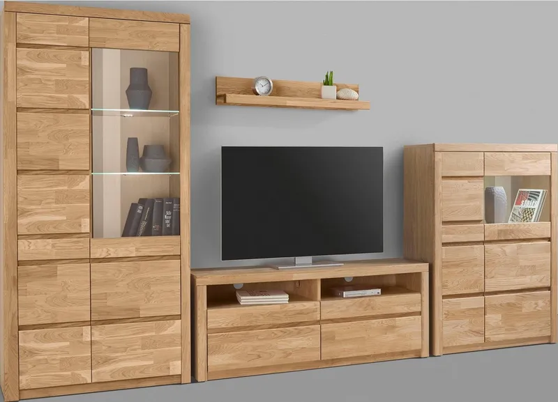 OTTO home Wohnwand Silkeborg: 4-teilig, Breite: 320cm, Griffmulden, Fronten Massivholz, (Set, 4-St), Set besteht aus 1 Vitrine, 1 Lowboard, 1 Sideboard und 1 Wandregal, Braun, – Produktbild 2 von 5