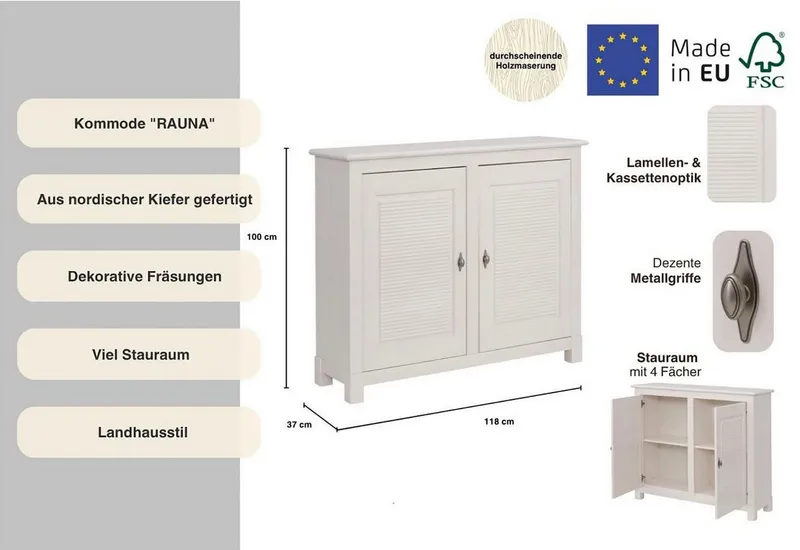 OTTO home Kommode Rauna, Breite 118 cm, aus massiver Kiefer, FSC®-zertifiziert, Weiß, – Produktbild 3 von 5
