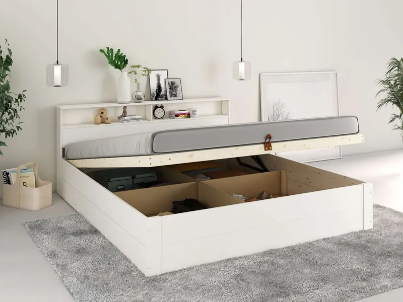 OTTO home Stauraumbett MAREILLES, Bett, Made in Europe, FSC® zertifiziertes Massivholz (140x200cm und 180x200cm), Massivholz, Hebemechanismus, Stauraum im Kopfteil und unter dem Bett, Weiß, – Produktbild 5 von 8