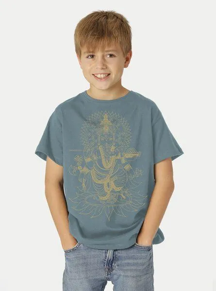 Peaces.bio - handbedruckte Biomode Peaces.bio - handbedruckte Biomode Bio-Kinder T-Shirt Ganesha, Blaugrün, – Produktbild 2 von 2