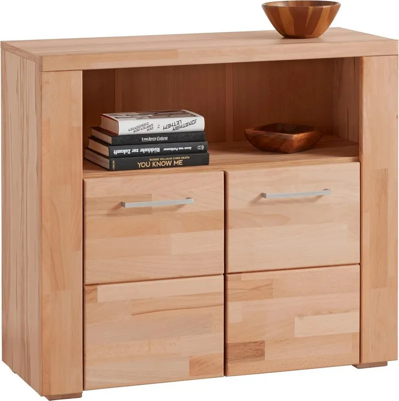 OTTO home Kommode Celle, 90cm breit, 35cm tief, Fronten Massivholz, Holz massiv, Holzwerkstoff, Metall Griffe,3 breite Fächer, Braun, – Produktbild 3 von 8