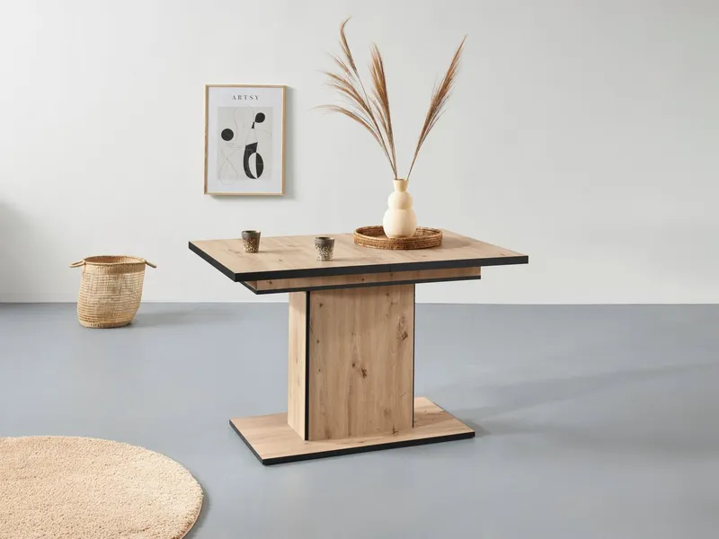 HELA Esstisch Ariana, Tisch, Küchentisch, Auszugstisch, durch innenliegende Einlegeplatten ausziehbar 120-160 cm, Beige|schwarz, – Produktbild 1 von 5