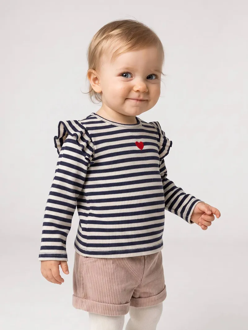 Vertbaudet Baby Shirt mit Volants und Herz-Stickerei, Vanille, – Produktbild 1 von 4