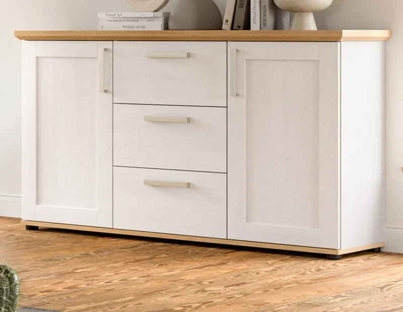 Inn.Furn Sideboard Mirano (Kommode in weiß Lärche Landhaus und Eiche Artisan, 129 x 80 cm), 2-türig mit 3 Schubladen, Weiß, – Produktbild 2 von 5