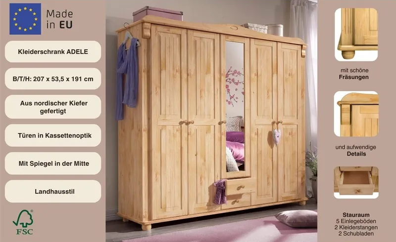 OTTO home Kleiderschrank Adele (Breite x Höhe x Tiefe ca: 207 cm x 191 cm x 53,5 cm) Massive Kiefer,Spiegel, Landhausstil, Beige, – Produktbild 3 von 5