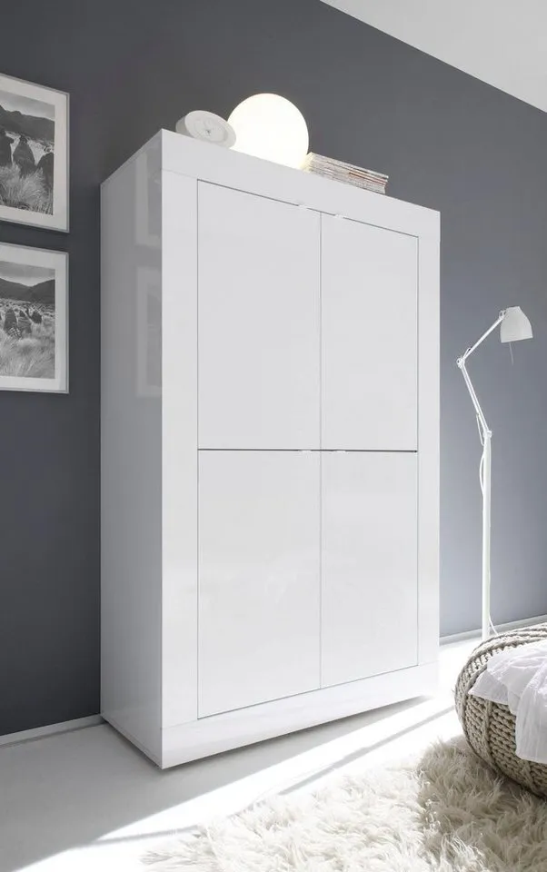 Home affaire Highboard Basic Höhe 162 cm, Breite 102 cm, Kommode 4 Türen, Hochkommode, Metallgriff, moderne Rahmenoptik, viel Stauraum, Farbauswahl, Weiß, – Produktbild 6 von 8