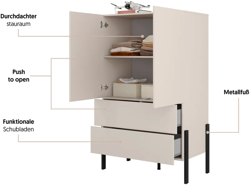 OTTO home Wäscheschrank Jukon, moderner griffloser Kleiderschrank, Metallfüsse, Made in Europe (90x150x50, ideal für kleine Räume oder Nischen) Mehrzweckschrank,2 Schubladen, 2 Türen, FSC-zertifiziert, Kaschmir | korpus: kaschmir, – Produktbild 1 von 5