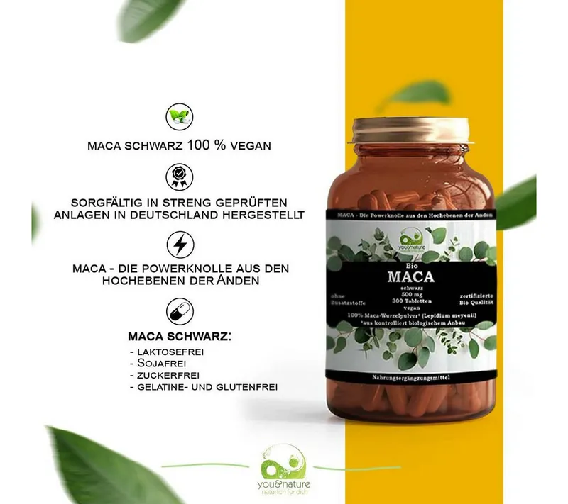You&Nature Bio Maca schwarz 500 mg, 300 Tabletten vegan Tabletten, 300 er 300 St., 150 g, Laktosefrei, Ohne Nüsse, Sojafrei, Gelatinefrei, Glutenfrei – Produktbild 2 von 4