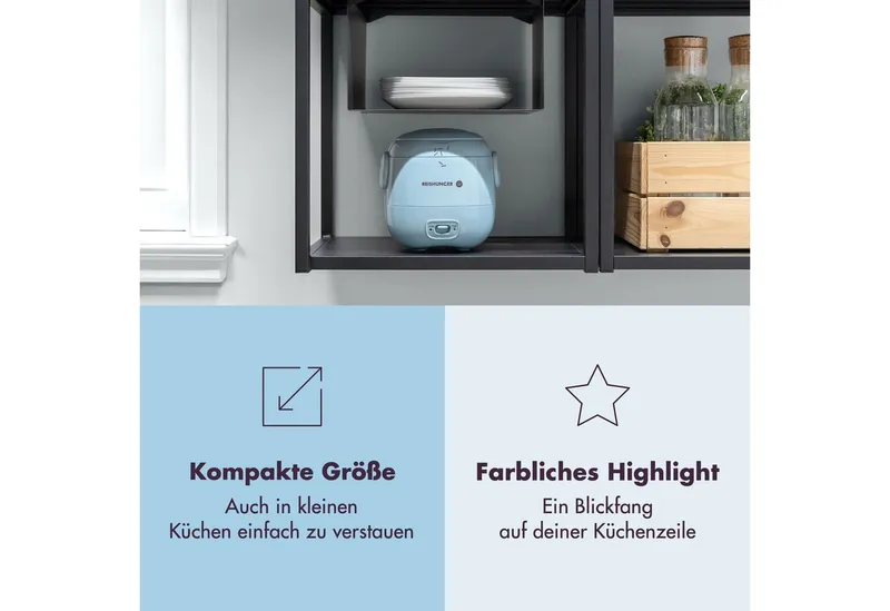 Reishunger Reishunger Reiskocher Mini – 0,3 L– Keramikbeschichtung – 2 Portionen – in 4 Farben, 120 W, Handliche Größe für kleine Haushalte und unterwegs, Blau, – Produktbild 2 von 5