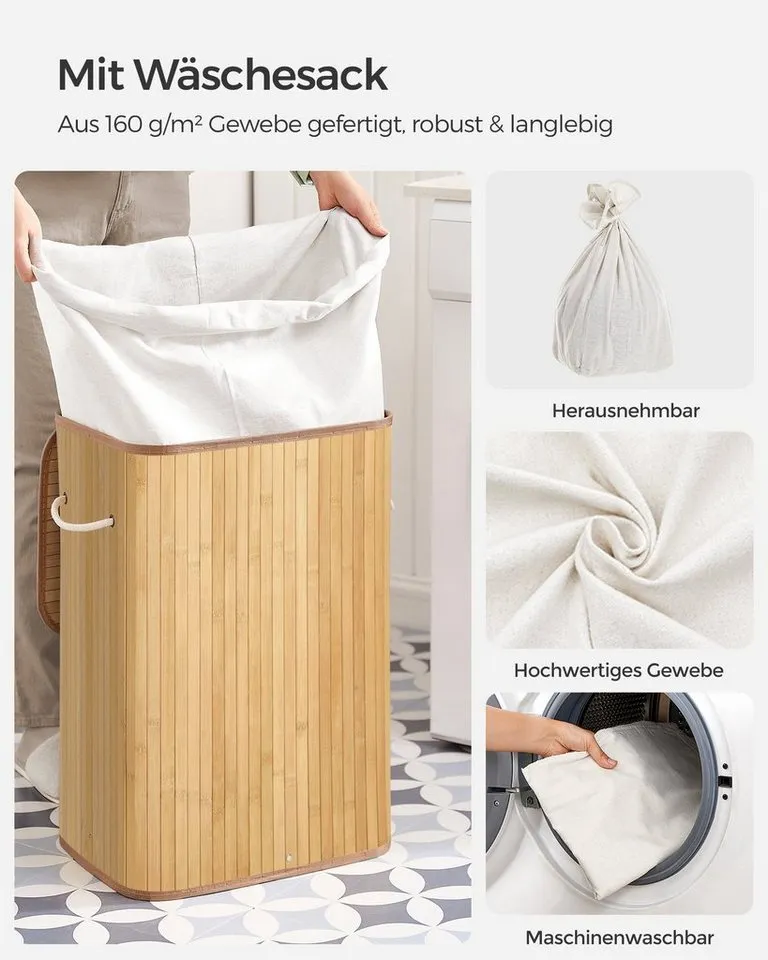 SONGMICS SONGMICS Wäschekorb mit Deckel, Wäschesammler aus Bambus, faltbar, für Waschküche, 72 Liter, Wäschesack herausnehmbar und maschinenwaschbar, 40x30x61 cm, Beige, – Produktbild 4 von 5