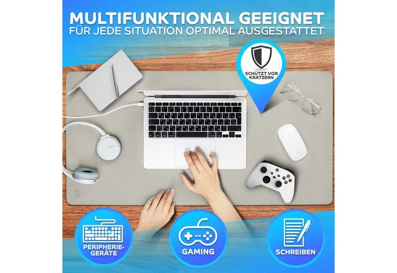 MAXLVL Gaming Mauspad Schreibtischunterlage - Mauspad mit Vernähte Kanten - abwaschbar (80x40 cm, Schreibtisch Unterlage für Büro), Tischunterlage Schreibtisch aus PU-Leder, Grau, – Produktbild 7 von 8