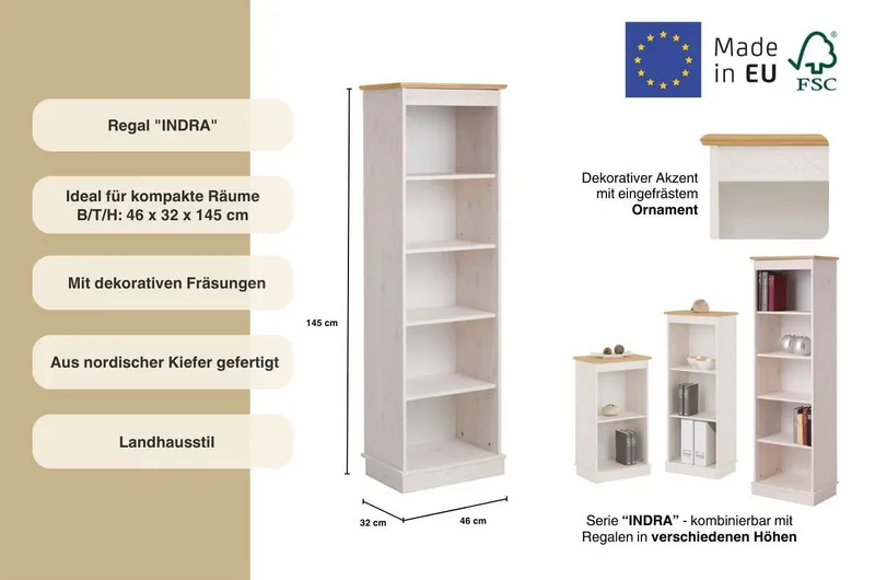 OTTO home Standregal Indra Bücherregal mit 5 Fächern und einer dekorativen Fräsung, aus Massivholz, 4 Einlegeböden, dekorative Fräsung, Weiß, – Produktbild 1 von 5