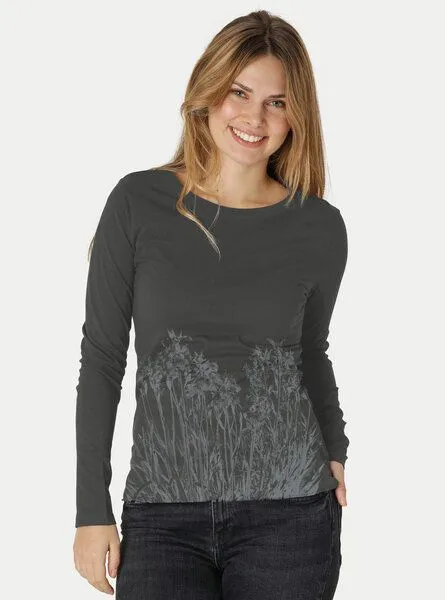 Peaces.bio - handbedruckte Biomode Peaces.bio - handbedruckte Biomode Langarmshirt Damen Mystic Iris, Graphitgrau, – Produktbild 2 von 2