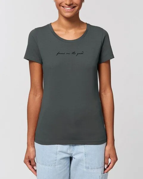 Human Family Human Family Bio Damen Rundhals-T-Shirt "Focus on the good" aus Bio-Baumwolle, Anthrazit, – Produktbild 1 von 3