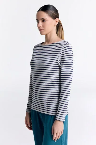 Leela Cotton Leela Cotton Damen Wendelangarmshirt, Marineblau/beige, – Produktbild 2 von 4