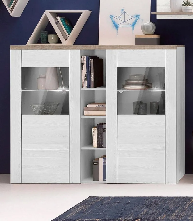 OTTO home Highboard Larona, zeitlose Hochkommode mit 2 Türen, Türkommode, Höhe 129,5 cm, Anrichte mit dekorative Rahmenoptik, Türen mit Glaseinsatz, Weiß, – Produktbild 4 von 5