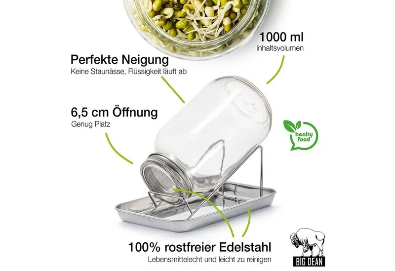BigDean Anzuchttopf Sprossenglas Keimglas 1000ml mit Edelstahl-Gitterdeckel + Ständer (Set, 1 St., Sprossengläser), Sprossenglas, Leichte Anwendung, Gesunde Ernährung, Einfache Reinigung, Silberfarben|weiß, – Produktbild 3 von 5