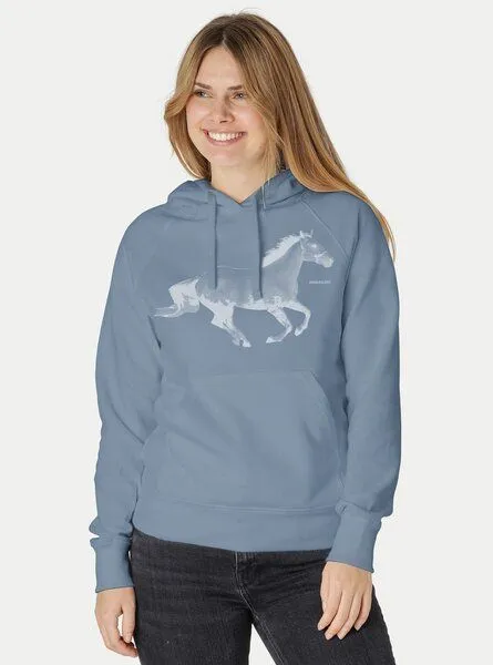Peaces.bio - handbedruckte Biomode Peaces.bio - handbedruckte Biomode Bio-Damen-Kapuzensweater Horsepower, Blaugrau, – Produktbild 2 von 2