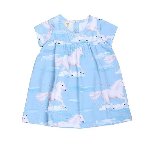 Walkiddy Baby Kleid Set GOTS zertifiziert, 95% Bio-Baumwolle, hellblau, Pferde-Muster „White Horses“, Kurzarm + Leggings – Walkiddy – Produktbild 1 von 3