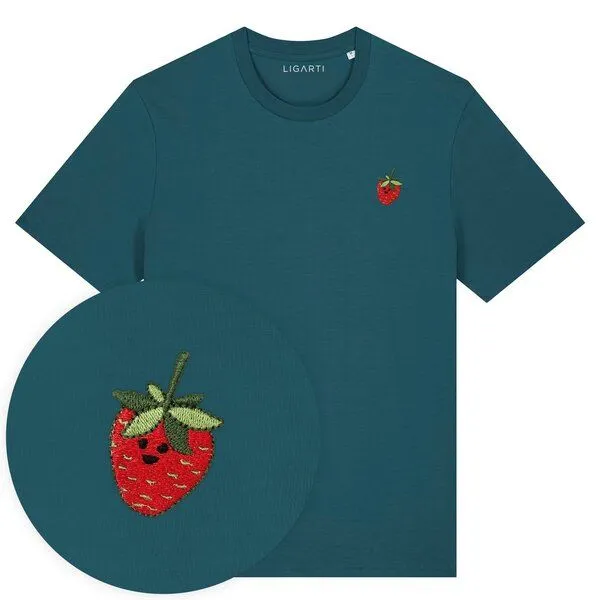 LIGARTI Besticktes T-Shirt – Erdbeere – LIGARTI Tiermanufaktur, Petrol, – Produktbild 1 von 3