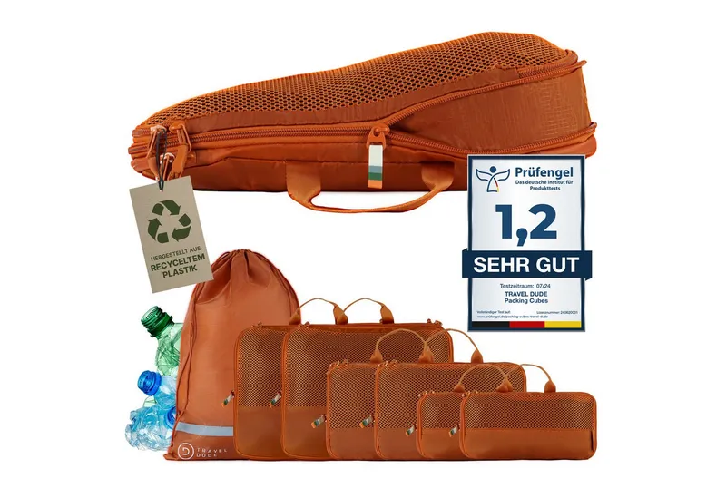 TRAVEL DUDE TRAVEL DUDE Packing Cubes mit Kompression aus recycelten Plastikflaschen, Orange, – Produktbild 1 von 8