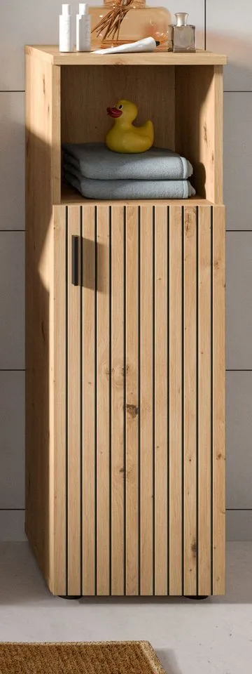 Inn.Furn Badkommode Livia (Badschrank in Eiche Artisan mit Leistenoptik, 30 x 95 cm), Türanschlag wechselbar, Braun, – Produktbild 3 von 5