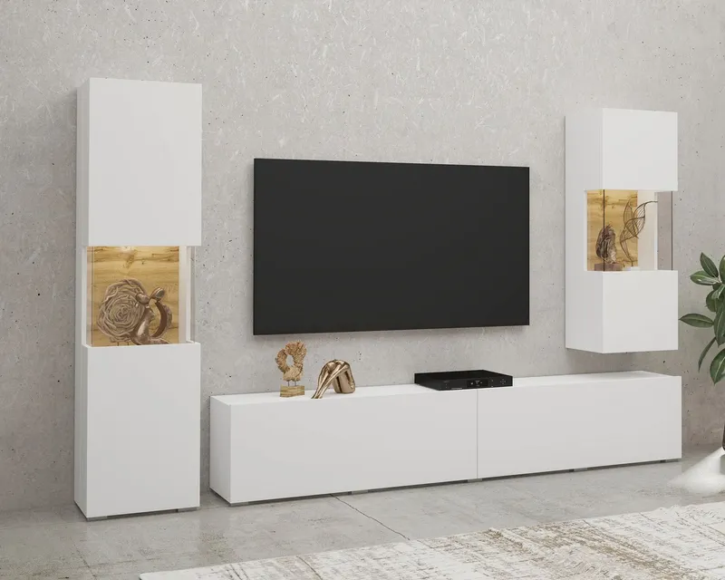 Home affaire Wohnwand Ava, Wohnzimmer-Set hängend/stehend montierbar, Vitrine, Lowboard, 3-tlg., Weiß, – Produktbild 2 von 4
