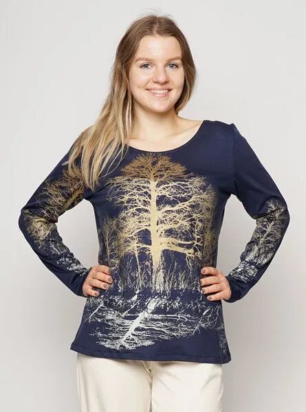 Peaces.bio - handbedruckte Biomode Peaces.bio - handbedruckte Biomode Tencelshirt Baumgeschwister in Nachtblau, Nachtblau, – Produktbild 2 von 4