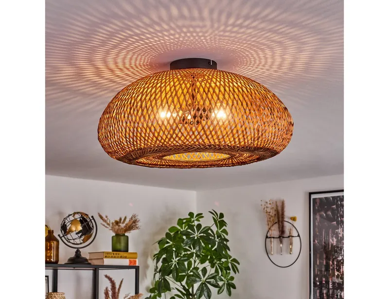 hofstein Deckenleuchte moderne Deckenlampe aus Metall/Bambus/Holz in Schwarz/Natur, ohne Leuchtmittel, Boho-Design Deckenleuchte,Lichteffekt, Ø50cm, 2xE27, ohne Leuchtmittel, Beige|schwarz, – Produktbild 1 von 5