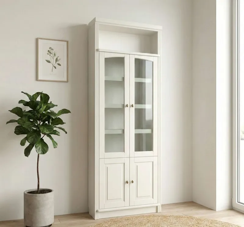 OTTO home Vitrine Soeren Regal mit 2 Glastüren und 2 Holztüren, B/TH: 80/29/220 cm Kiefer FSC®-zertifiziert, 1 offenes Fach, 6 Fächer hinter den Türen, Weiß, – Produktbild 1 von 4