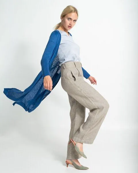 Alma & Lovis Alma & Lovis Leinen-Strickmantel mit Bindegürtel | Linen Coat, Blau, – Produktbild 1 von 4