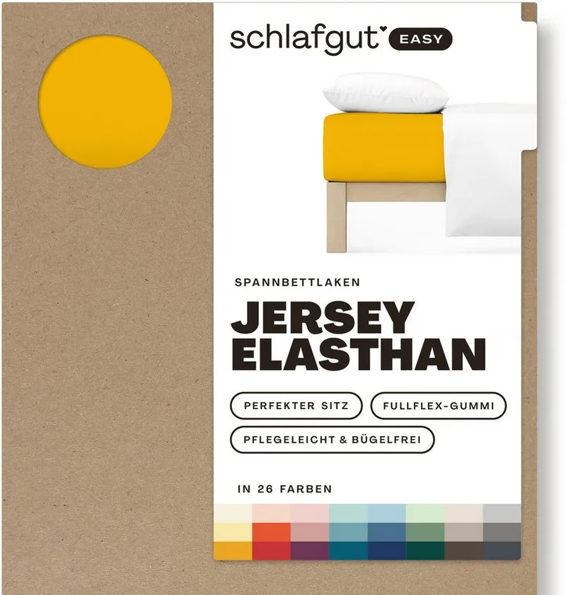 Schlafgut Schlafgut Spannbettlaken EASY JERSEY ELASTHAN Bettlaken, 170 g/m², 95% Baumwolle, 5% Elasthan, Jersey, Gummizug: rundum, (1 Stück), Spannbettlaken bis 30 cm Höhe, bügelfrei, pflegeleicht, perfekter Sitz, Gelb, – Produktbild 3 von 5