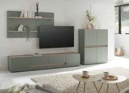 Furn.Design Wohnwand Center, (3-teiliges Set in Salbei mit Eiche Dekor, ca. 340 cm), mit 10 Fächern und 220 cm TV Lowboard – Produktbild 1 von 1