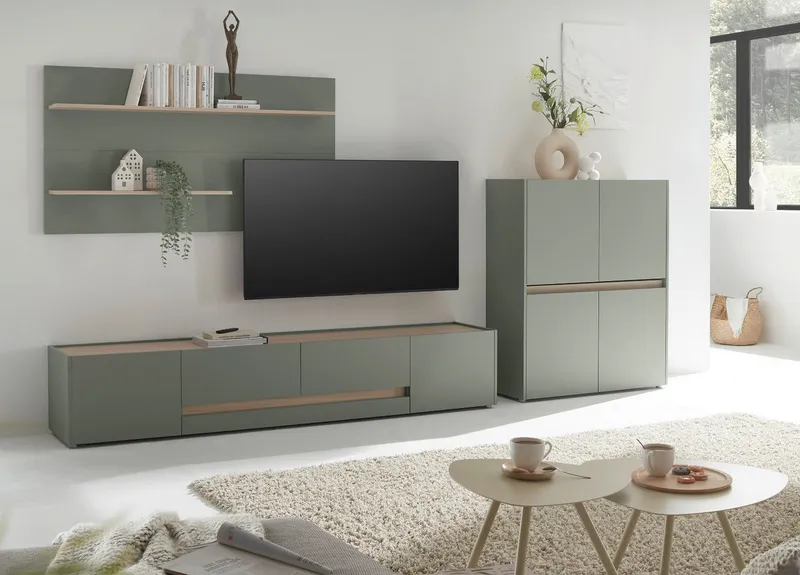 Furn.Design Wohnwand Center, (3-teiliges Set in Salbei mit Eiche Dekor, ca. 340 cm), mit 10 Fächern und 220 cm TV Lowboard, Grün, – Produktbild 1 von 5