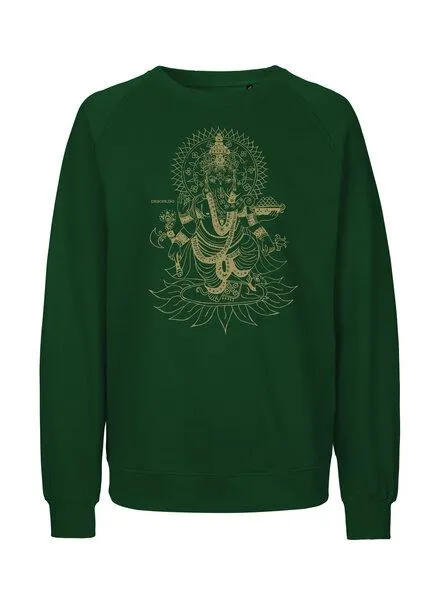 Peaces.bio - handbedruckte Biomode Peaces.bio - handbedruckte Biomode Bio Damen-Sweatshirt Loose Fit Ganesha, Flaschengrün, – Produktbild 1 von 2